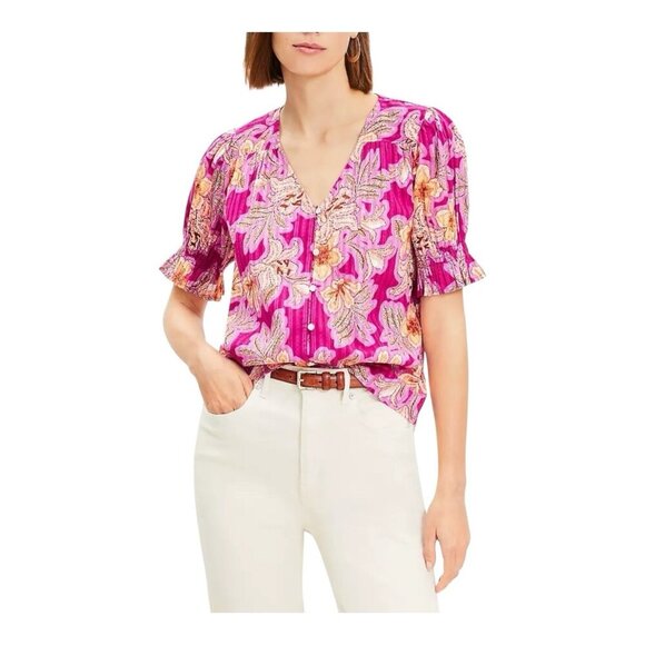 Loft Mosaic Puff Sleeve V-Neck Mixed Media Top XL Pink Tropical 100% Cotton - Picture 1 of 8